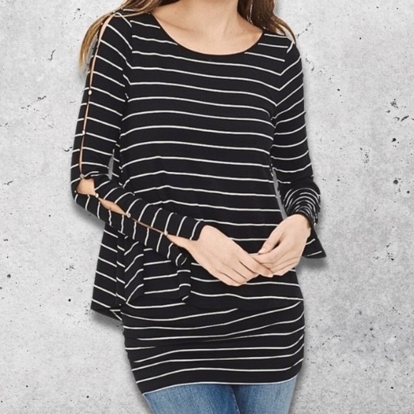 White House Black Market Tops - White House Black Market Striped Tunic Top Slit Sleeve Double Black/White Small